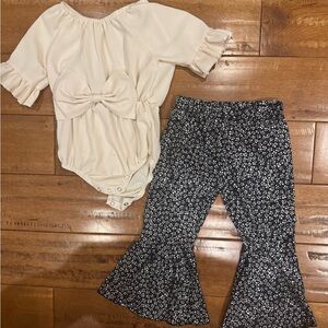Cream Bow-Front Bodysuit & Navy Floral Flare Pants Girls Set